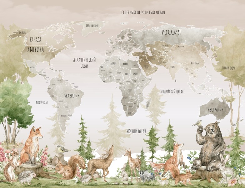 картинка Фотообои «Карта с лесными животными в жёлтых тонах» | интернет-магазин фотообоев ARTDECO