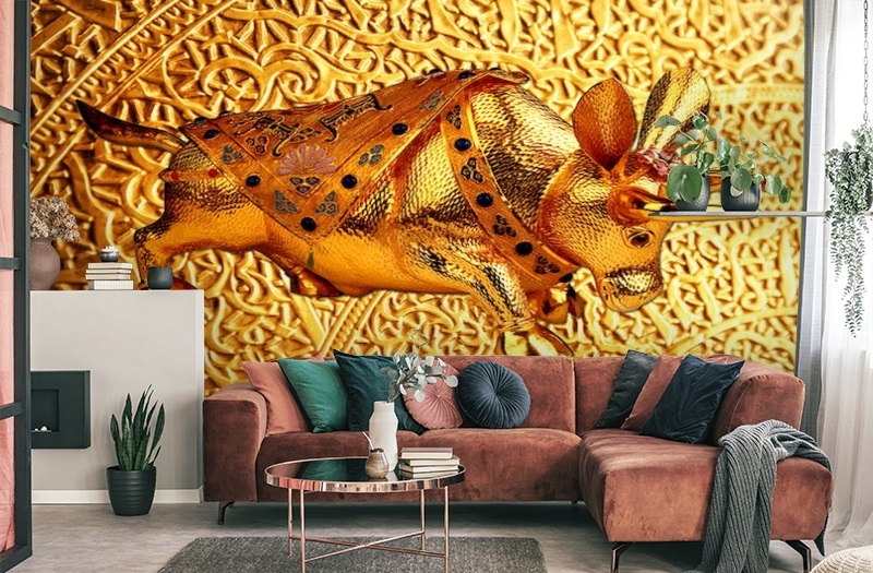 картинка 3D Фотообои «Декорация с золотым быком в испанском стиле» | интернет-магазин фотообоев ARTDECO
