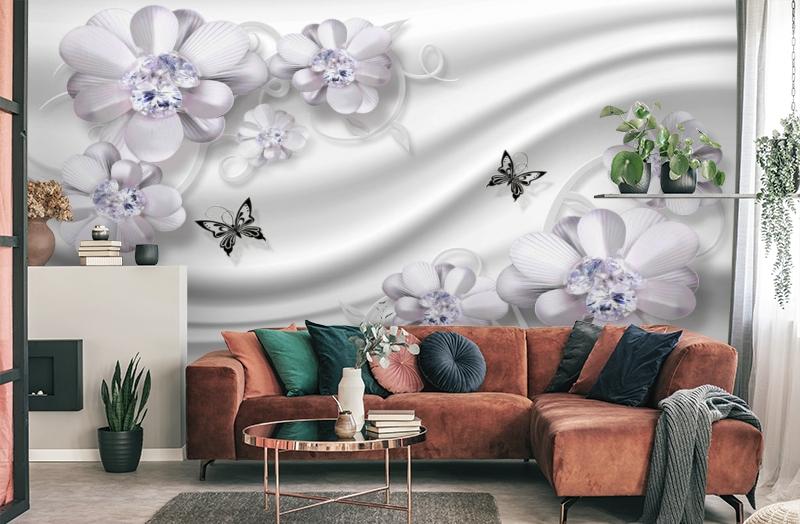 картинка 3D Фотообои «Сапфировая фантазия с цветами и бабочками» | интернет-магазин фотообоев ARTDECO