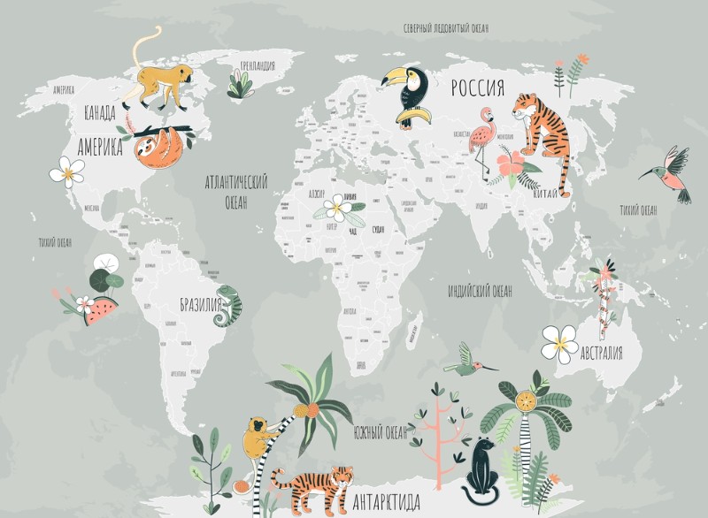 картинка Фотообои «Карта с животными на зелёном» | интернет-магазин фотообоев ARTDECO