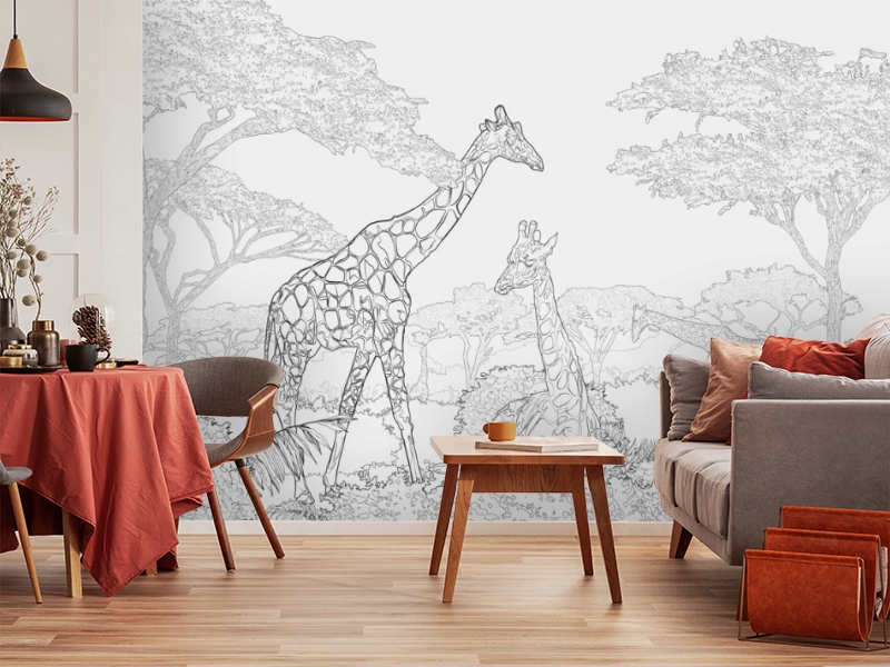 картинка 3D Фотообои «Чёрно-белые жирафы в листве» | интернет-магазин фотообоев ARTDECO