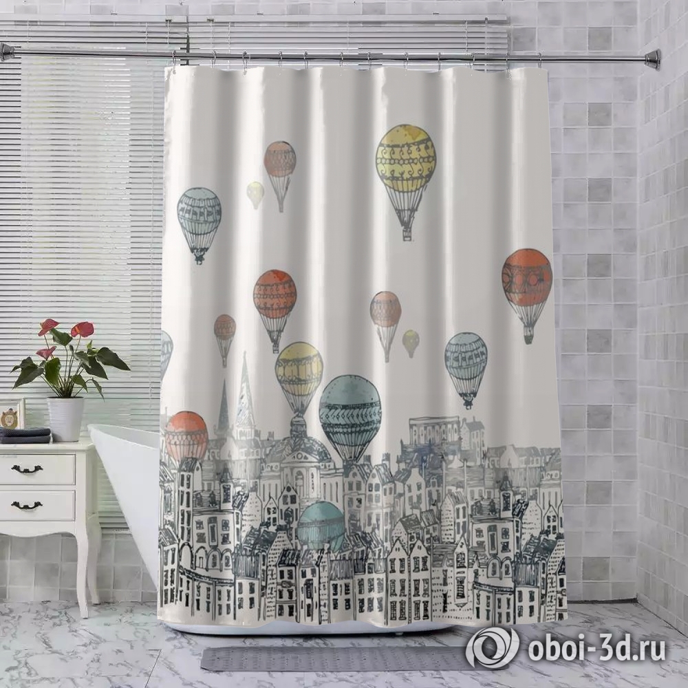 картинка Шторы для ванной «Воздушные шары над городом акварель» | интернет-магазин фотообоев ARTDECO