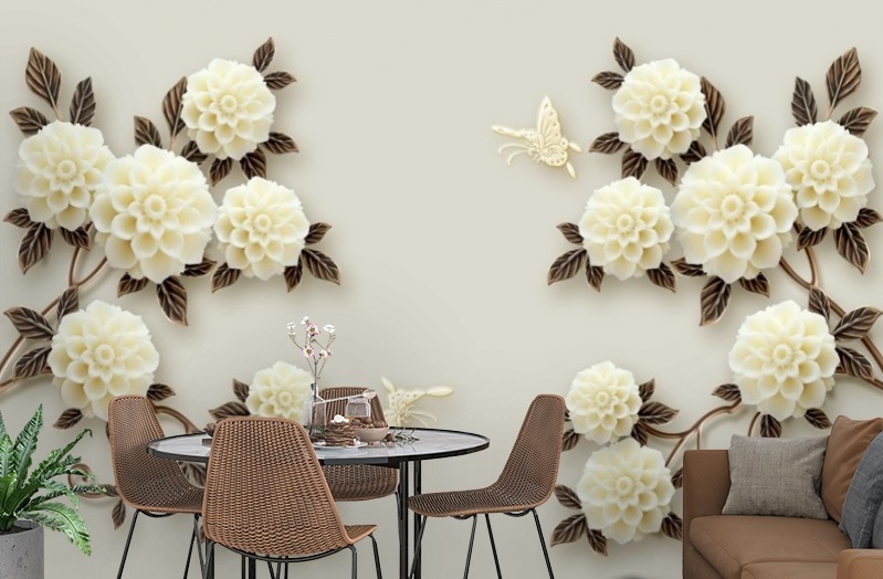 картинка 3D Фотообои «Бежевые цветы под керамику» | интернет-магазин фотообоев ARTDECO