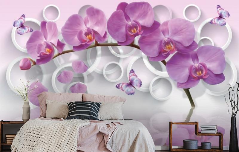 картинка 3D Фотообои «Орхидея с объемными кругами» | интернет-магазин фотообоев ARTDECO