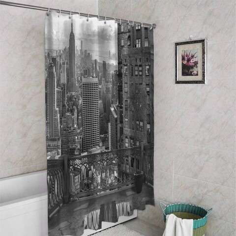 картинка 3D занавеска в ванную комнату «Балкон в Нью-Йорке» | интернет-магазин фотообоев ARTDECO