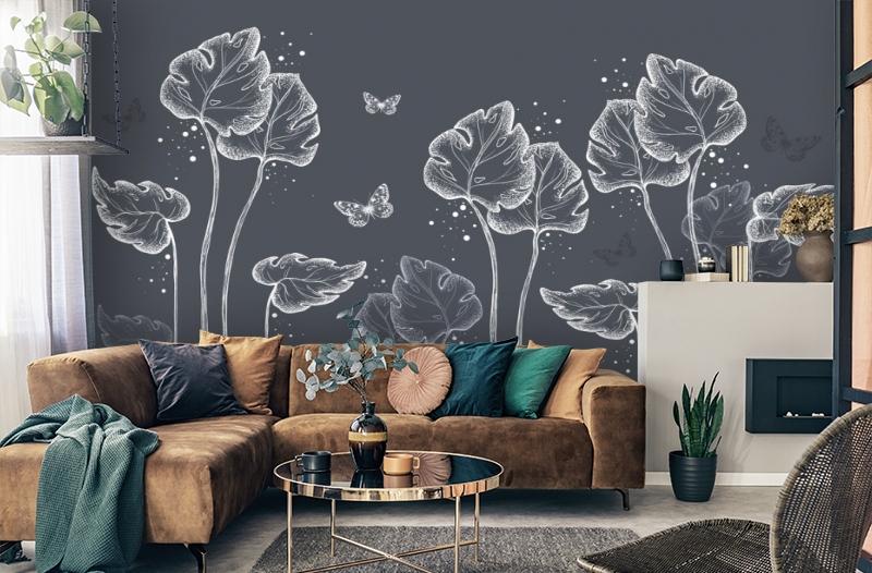 картинка 3D Фотообои «Бабочки в листьях на сером» | интернет-магазин фотообоев ARTDECO
