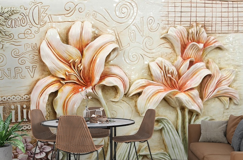 картинка 3D Фотообои  «Лилии под каменную фреску» | интернет-магазин фотообоев ARTDECO