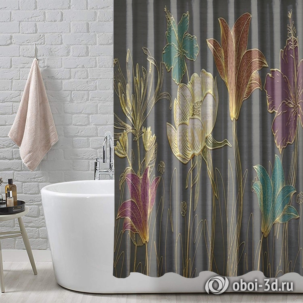 картинка Шторы для ванной «Цветы с золотым тиснением» | интернет-магазин фотообоев ARTDECO