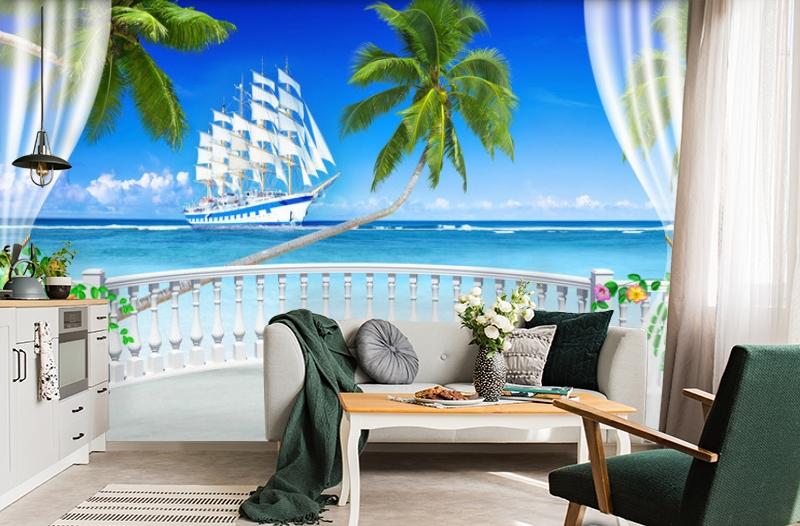 картинка 3D Фотообои  "Терраса с видом на море и пляж" | интернет-магазин фотообоев ARTDECO