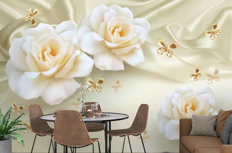 картинка 3D Фотообои «Розы на бежевом шелке» | интернет-магазин фотообоев ARTDECO