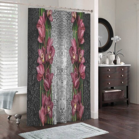 картинка 3D занавеска в ванную комнату «Орхидеи в росе» | интернет-магазин фотообоев ARTDECO