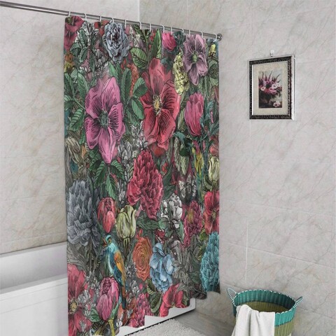 картинка 3D штора для ванны «Птицы в ярких цветах» | интернет-магазин фотообоев ARTDECO