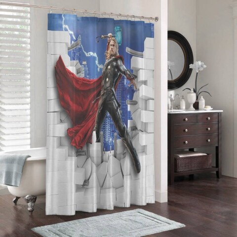 3D штора в ванную комнату «Тор из за стены»