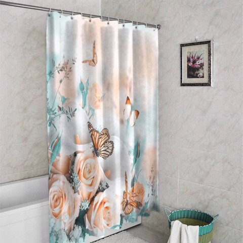 картинка 3D шторка для ванной «Бабочки над розами» | интернет-магазин фотообоев ARTDECO