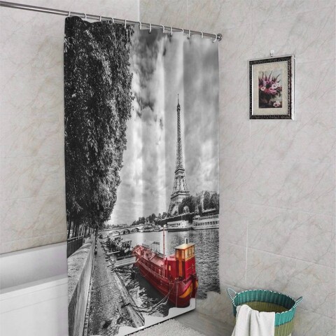 картинка 3D шторка для ванны «Эйфелева башня у реки» | интернет-магазин фотообоев ARTDECO