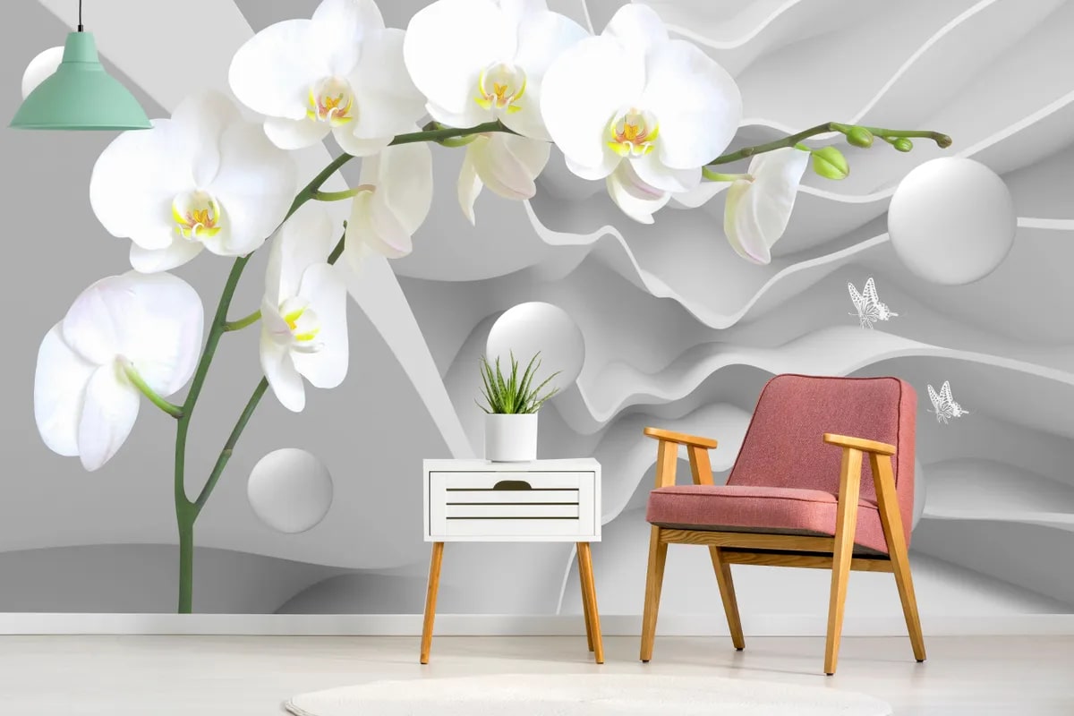 картинка 3D Фотообои «Белая орхидея на объемном фоне» | интернет-магазин фотообоев ARTDECO