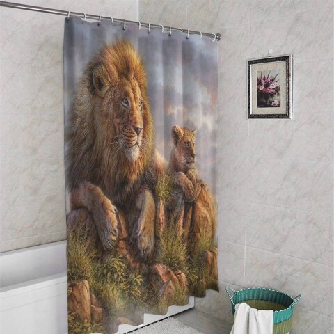 картинка 3D фотоштора для ванной «Величественные львы» | интернет-магазин фотообоев ARTDECO
