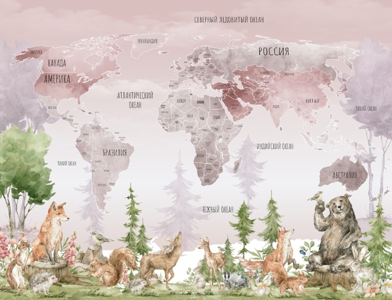 картинка Фотообои «Карта с лесными животными в розовых тонах» | интернет-магазин фотообоев ARTDECO