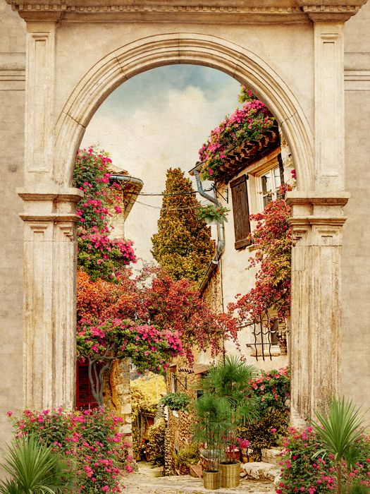 картинка 3D Фотообои «Арка в цветущем дворике» | интернет-магазин фотообоев ARTDECO