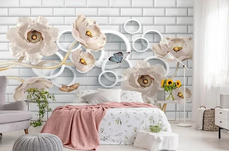 картинка 3D Фотообои «Кованые цветы с кольцами на кирпичной стене» | интернет-магазин фотообоев ARTDECO