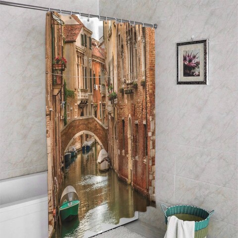 картинка 3D штора в ванную комнату «Мост через канал» | интернет-магазин фотообоев ARTDECO