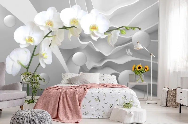 картинка 3D Фотообои «Белая орхидея на объемном фоне» | интернет-магазин фотообоев ARTDECO