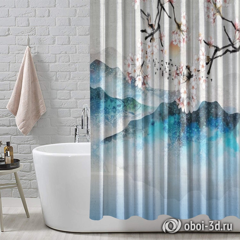картинка Шторы для ванной «Весна в горах» | интернет-магазин фотообоев ARTDECO