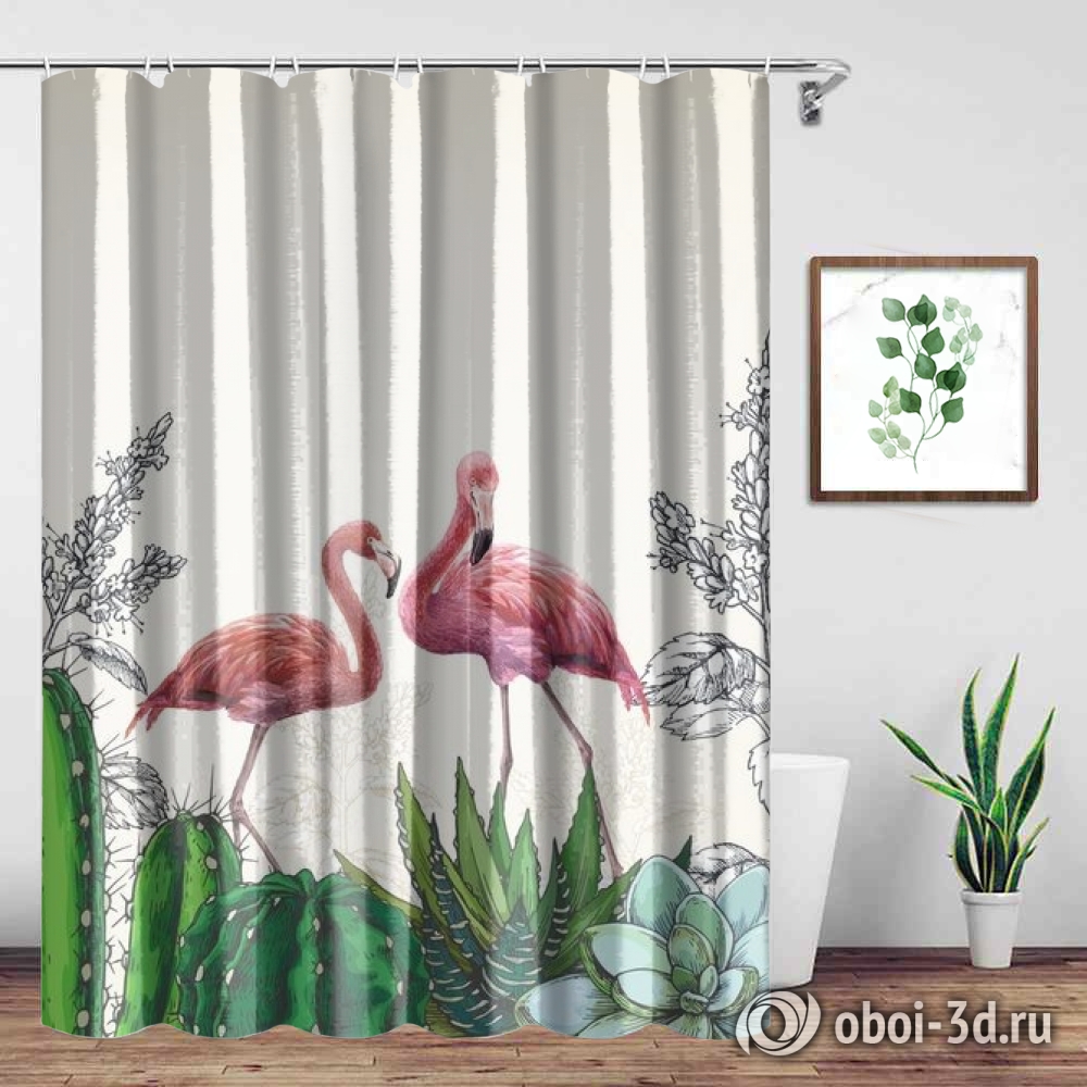 картинка Шторы для ванной «Фламинго в кактусах» | интернет-магазин фотообоев ARTDECO
