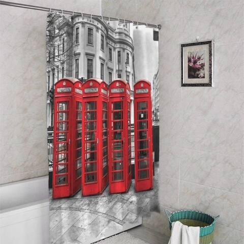 картинка 3D занавеска в ванную комнату «Красные будки» | интернет-магазин фотообоев ARTDECO