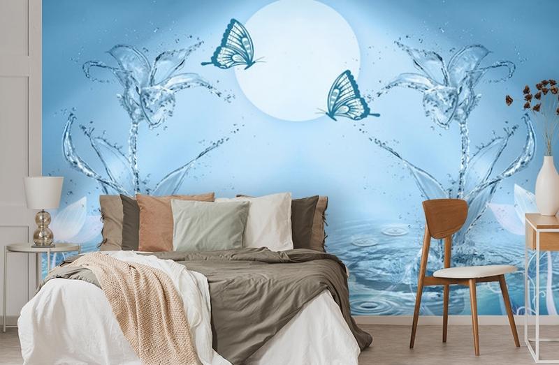 картинка 3D Фотообои «Объемные цветы из брызг с бабочками» | интернет-магазин фотообоев ARTDECO