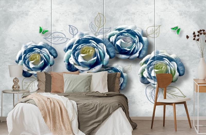 картинка 3D Фотообои «Волнующие розы с изумрудными бабочками» | интернет-магазин фотообоев ARTDECO
