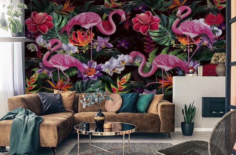 картинка 3D Фотообои «Фламинго в цветочном оазисе» | интернет-магазин фотообоев ARTDECO