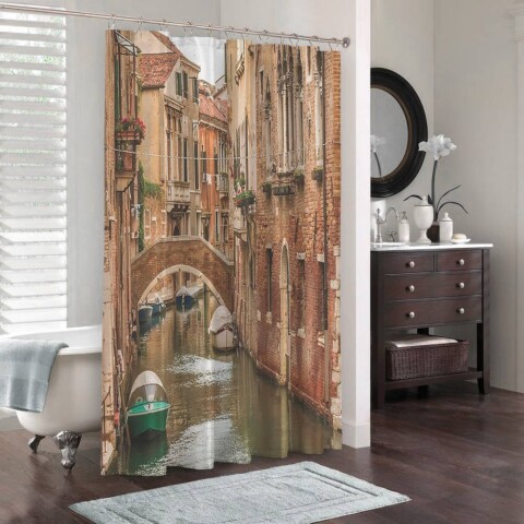 картинка 3D штора в ванную комнату «Мост через канал» | интернет-магазин фотообоев ARTDECO