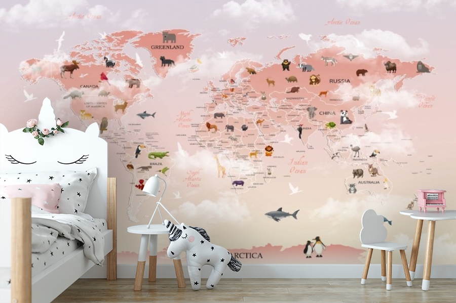 картинка 3D Фотообои «Розовая карта с животными» | интернет-магазин фотообоев ARTDECO
