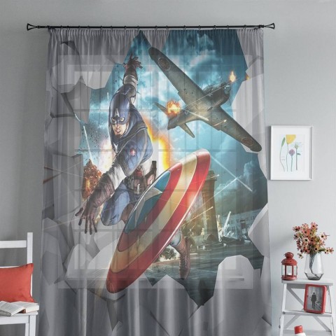 картинка 3D Тюль на окна "Капитан Америка" | интернет-магазин фотообоев ARTDECO