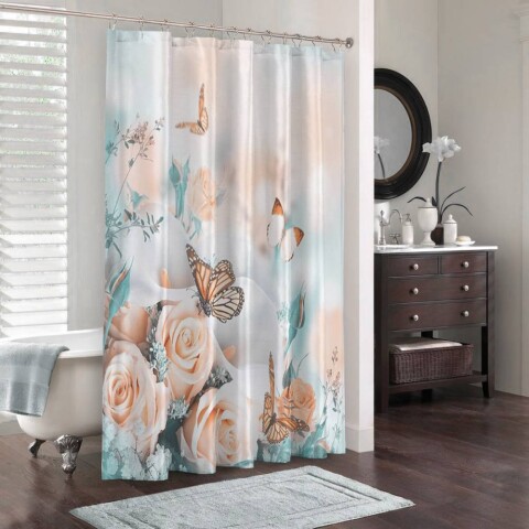 3D шторка для ванной «Бабочки над розами»