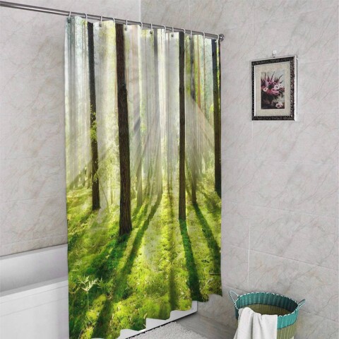 картинка 3D штора для ванной «Солнечный лес» | интернет-магазин фотообоев ARTDECO