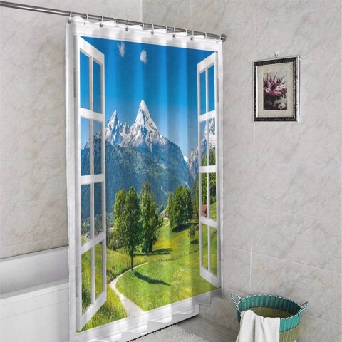 картинка 3D занавеска для ванны «Окно с видом на Баварские горы» | интернет-магазин фотообоев ARTDECO
