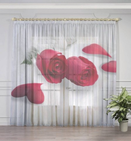 картинка Фототюль Драгоценный шелк "Красные розы в перьях" | интернет-магазин фотообоев ARTDECO