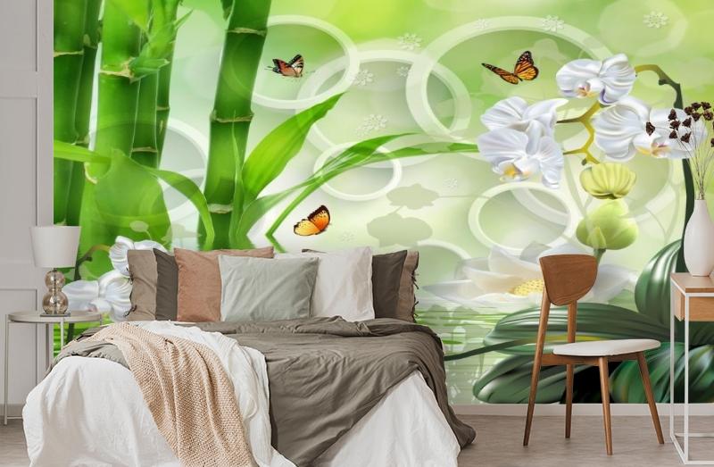картинка 3D Фотообои «Орхидеи на салатовом фоне в стиле спа» | интернет-магазин фотообоев ARTDECO