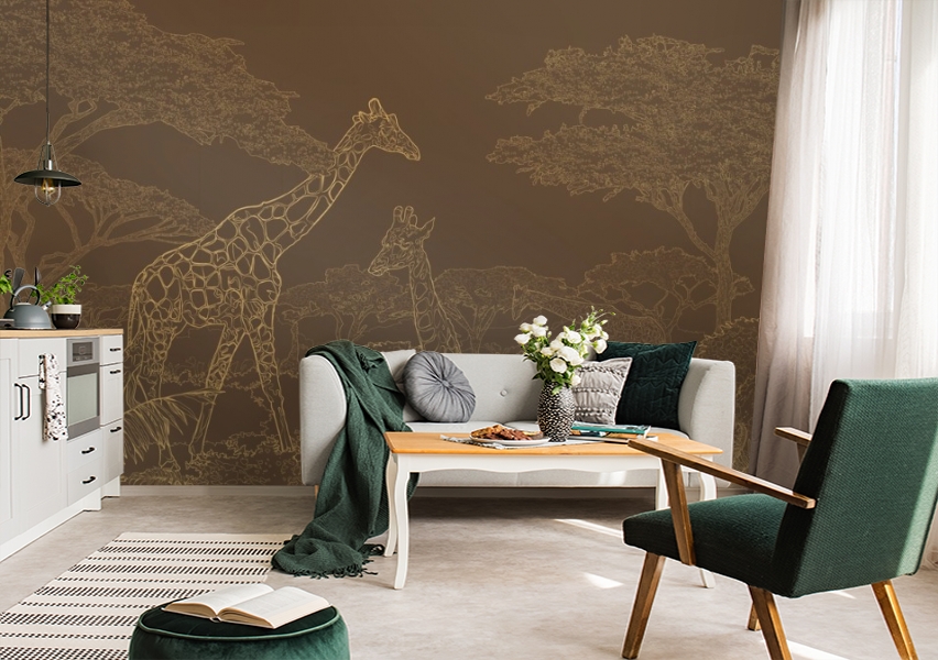 картинка 3D Фотообои «Золотые жирафы в листве на коричневом» | интернет-магазин фотообоев ARTDECO