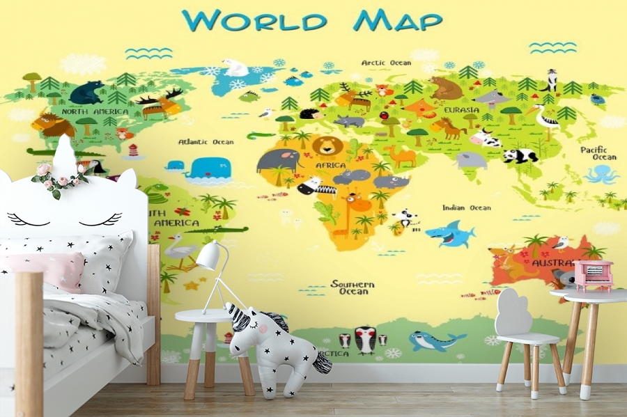 картинка 3D Фотообои «Детская карта мира на желтом фоне» | интернет-магазин фотообоев ARTDECO