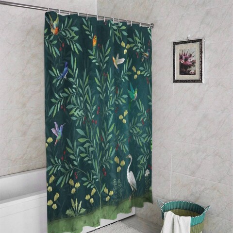 картинка 3D занавеска в ванную комнату «Цапля в ночном саду» | интернет-магазин фотообоев ARTDECO