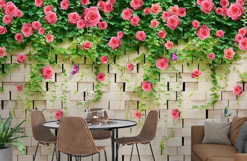 картинка 3D Фотообои «Кирпичная стена с цветами» | интернет-магазин фотообоев ARTDECO
