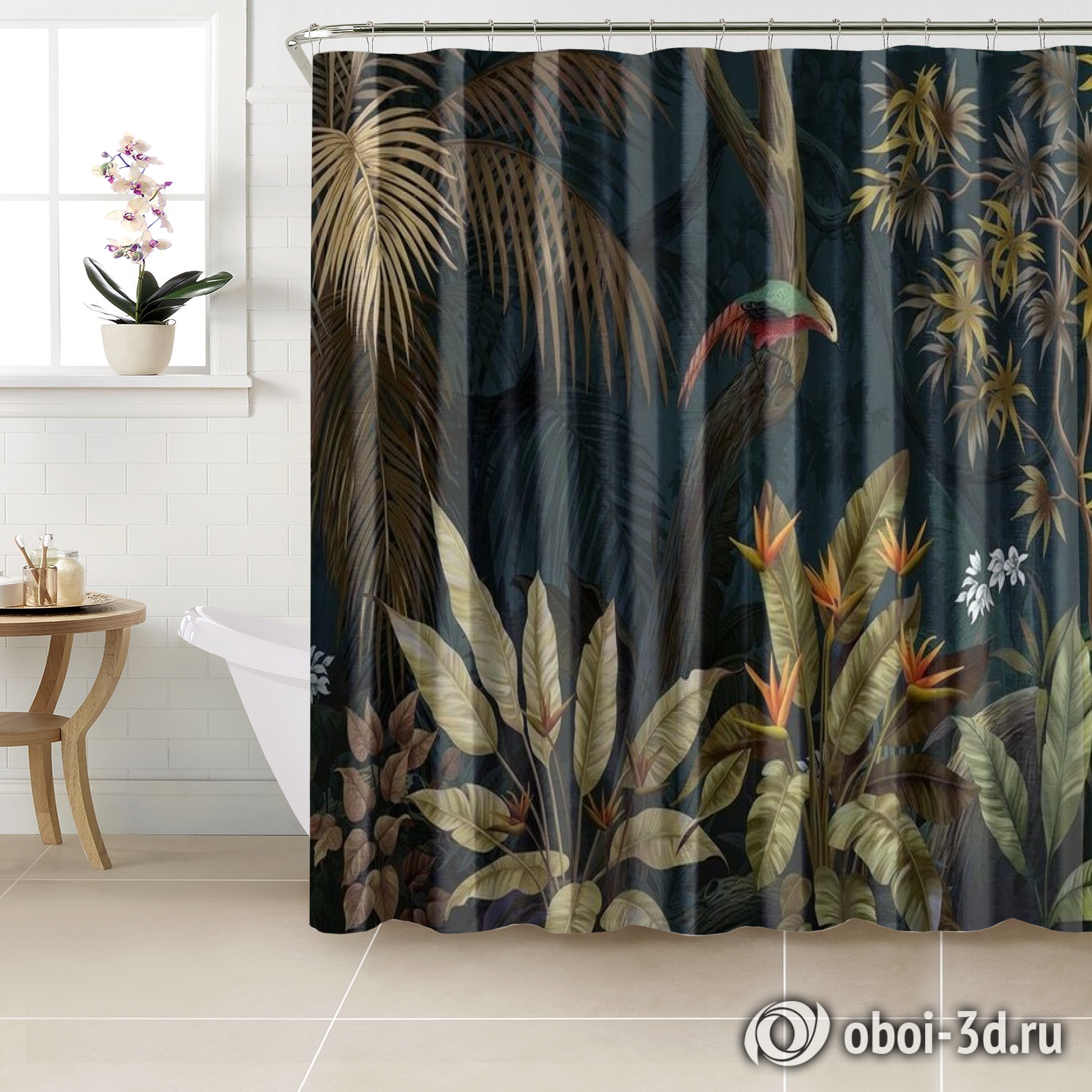 картинка Шторы для ванной «Птица в ночных тропиках» | интернет-магазин фотообоев ARTDECO