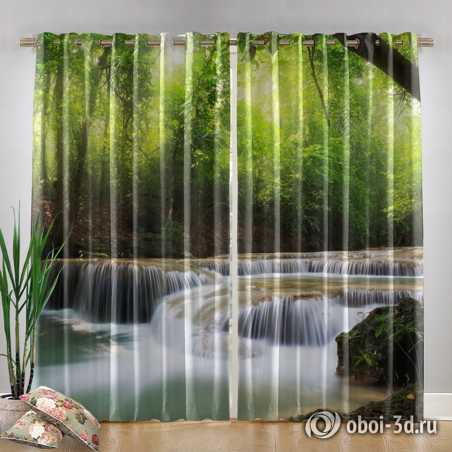 картинка Фотошторы «Водопад в солнечном лесу» | интернет-магазин фотообоев ARTDECO