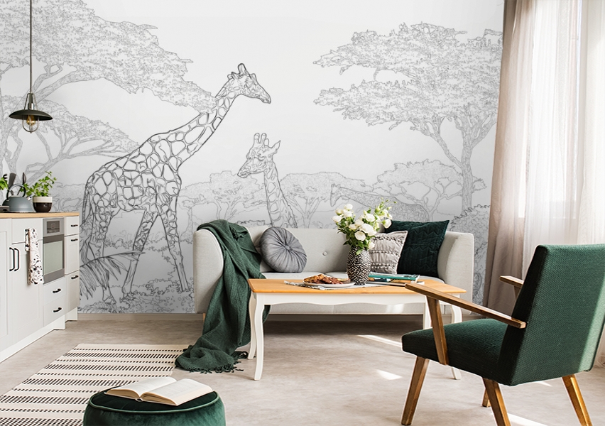 картинка 3D Фотообои «Чёрно-белые жирафы в листве» | интернет-магазин фотообоев ARTDECO