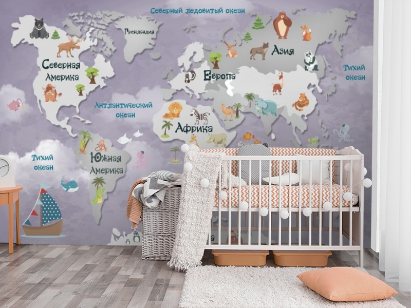 картинка Фотообои «Карта мира для малышей в лиловых тонах» | интернет-магазин фотообоев ARTDECO