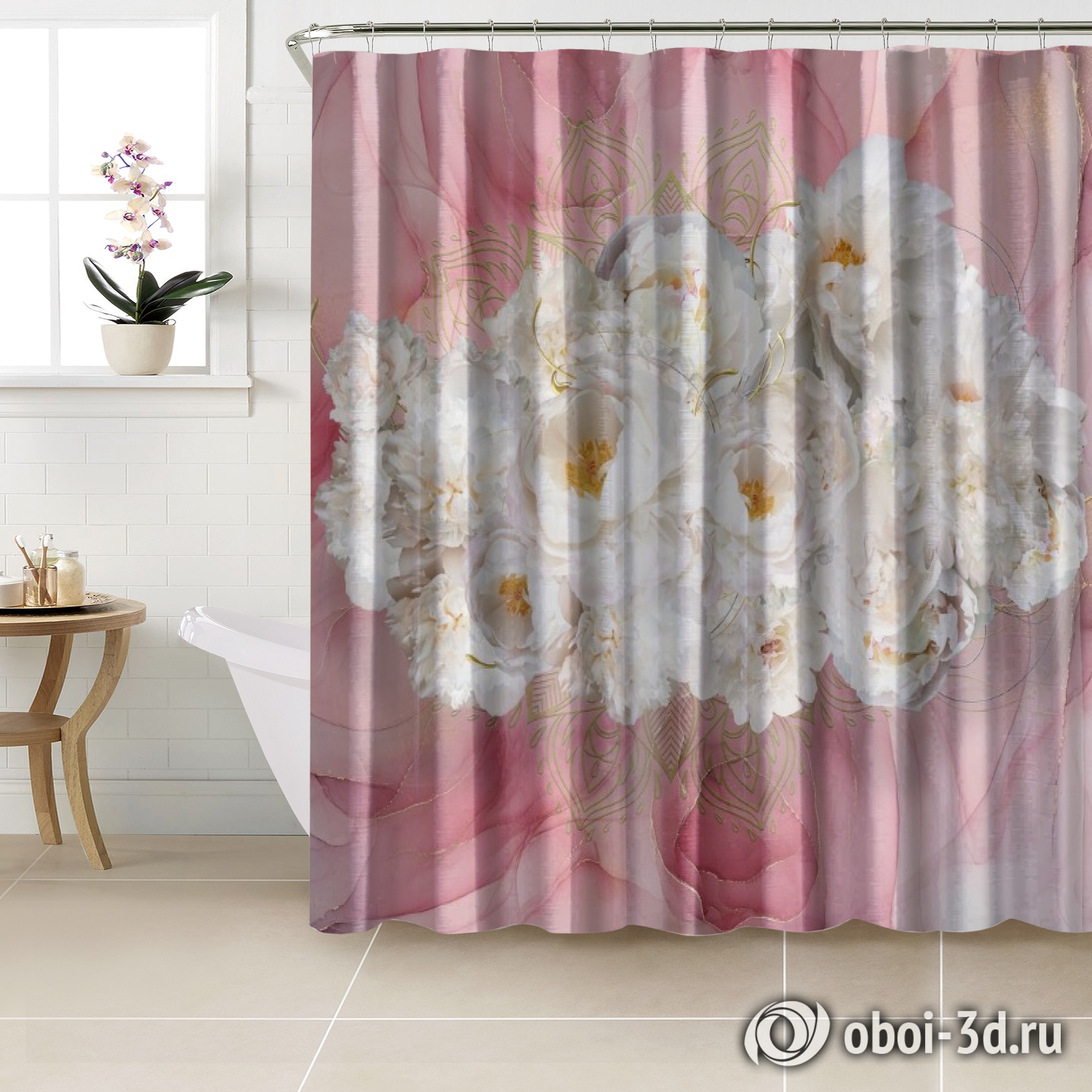 картинка Шторы для ванной «Роскошные пионы на розовом мраморе» | интернет-магазин фотообоев ARTDECO