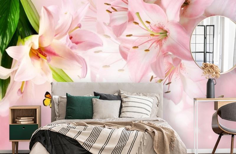 картинка 3D Фотообои «Розовые лилии с бабочками» | интернет-магазин фотообоев ARTDECO